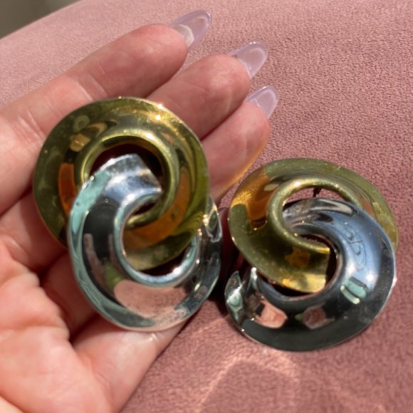 Vintage Mexican Taxco Sterling Silver Two Tone Earrings - Picture 2 of 3